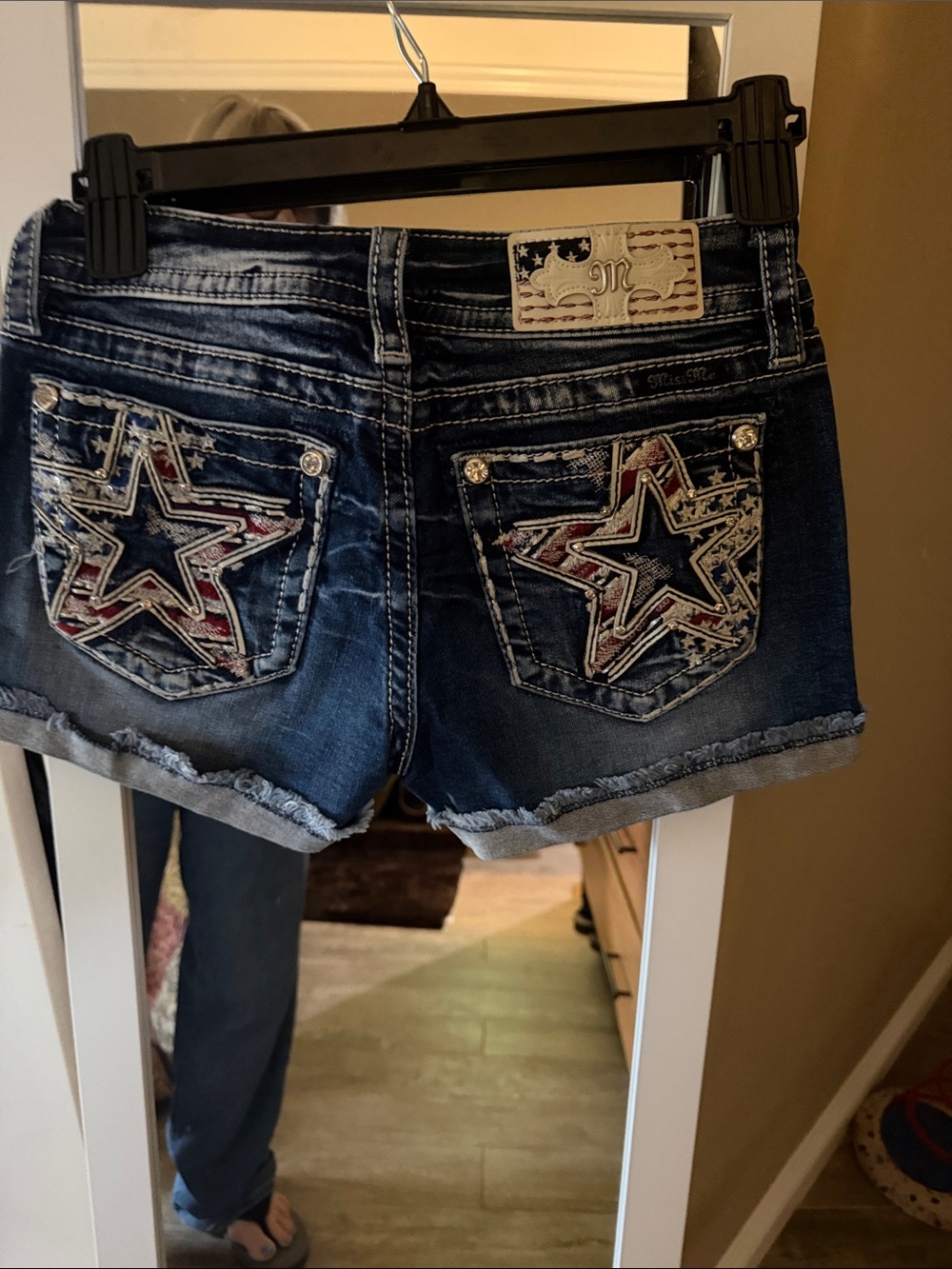 Miss Me Dark Blue Denim Star Patch Shorts with Red & White Trim